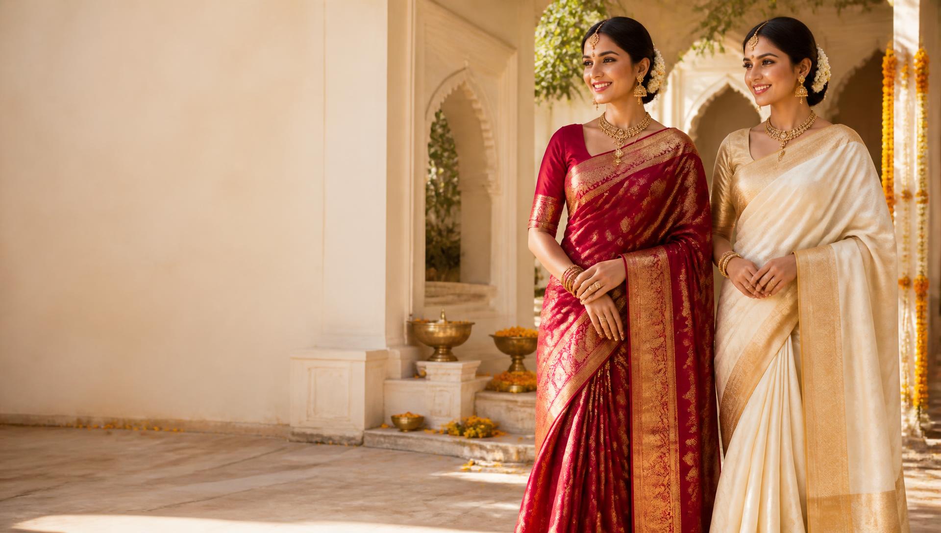 Two models wearing crimson and ivory silk sarees in a sunlit courtyard