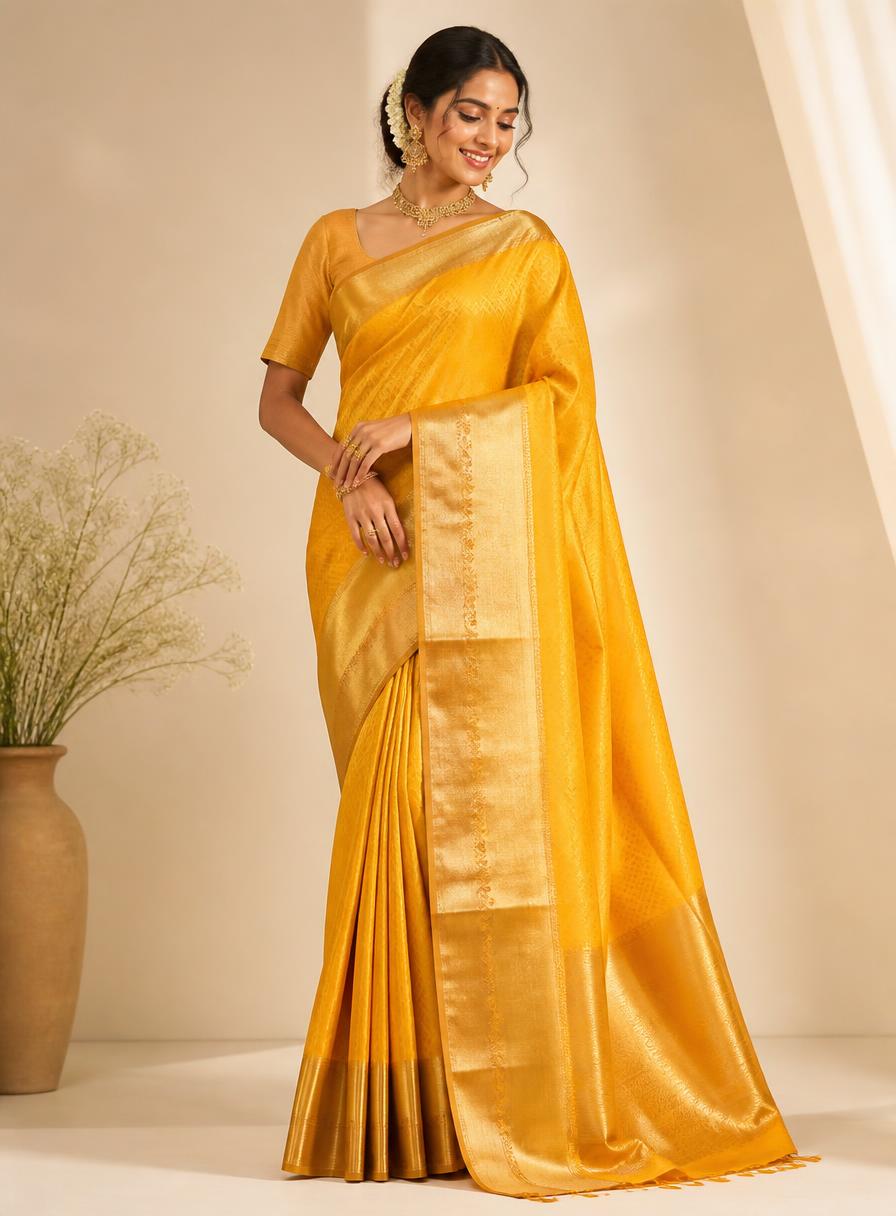 Model wearing the Marigold Bloom Kanjivaram saree