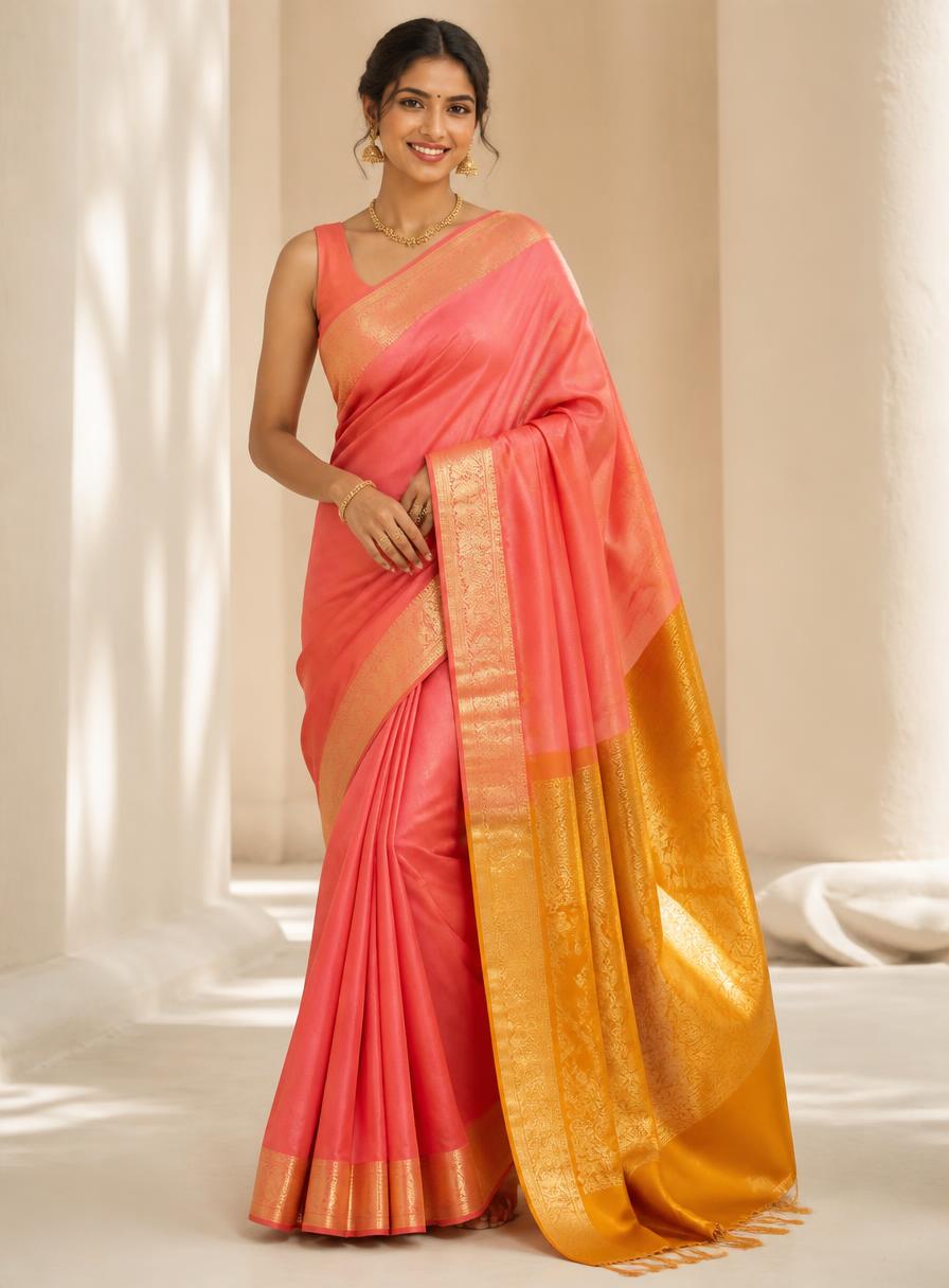 Coral silk saree with temple border on a model